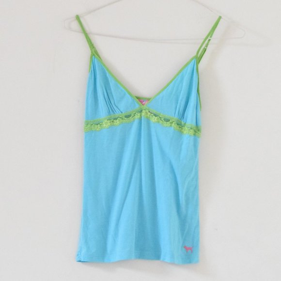 VS PINK Blue & Green Contrast Lace Trim Cami Tank Top | Size XS - Picture 1 of 5